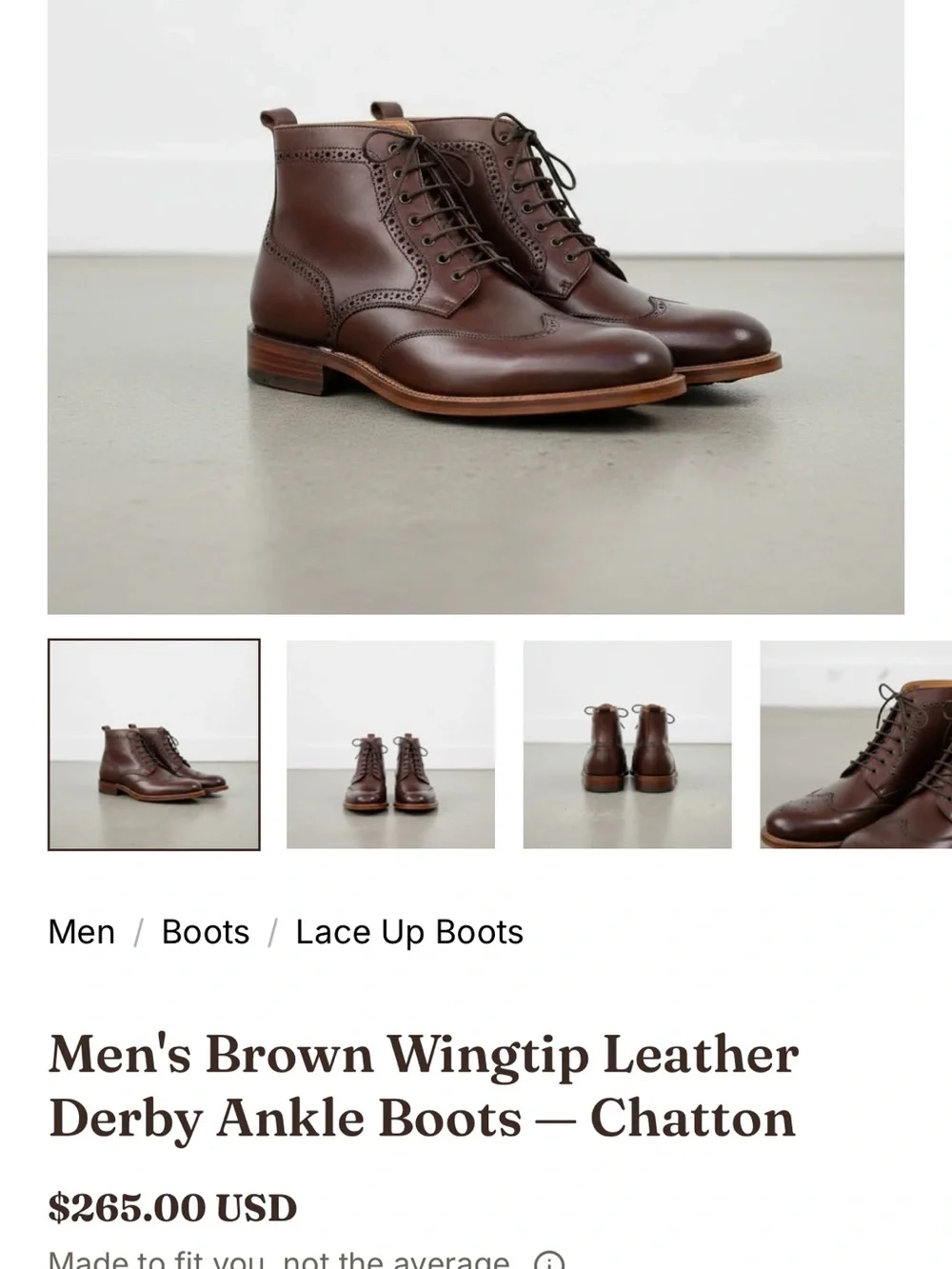 Men's Brown Leather Wingtip Lace-Up Boots